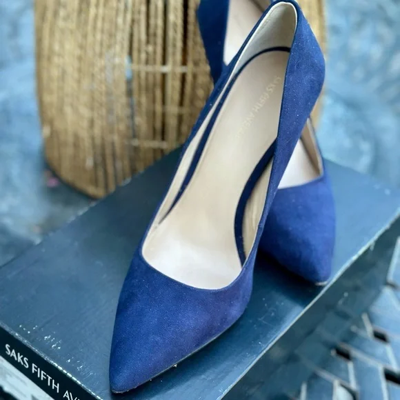 Saks Fifth Avenue Navy Blue Suede Heels - Picture 2 of 9